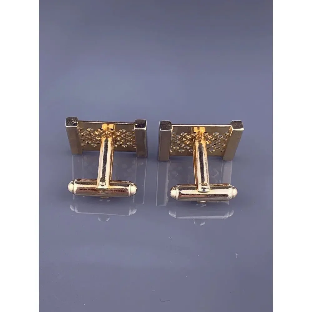 Black Obsidian Lattice Cufflinks Gold Plated Modernist Rectangle Dante Vintage